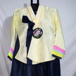 Vintage Korean Hanbok Dress - 3pc Set with Undergarment - Navy & Yellow - Floral